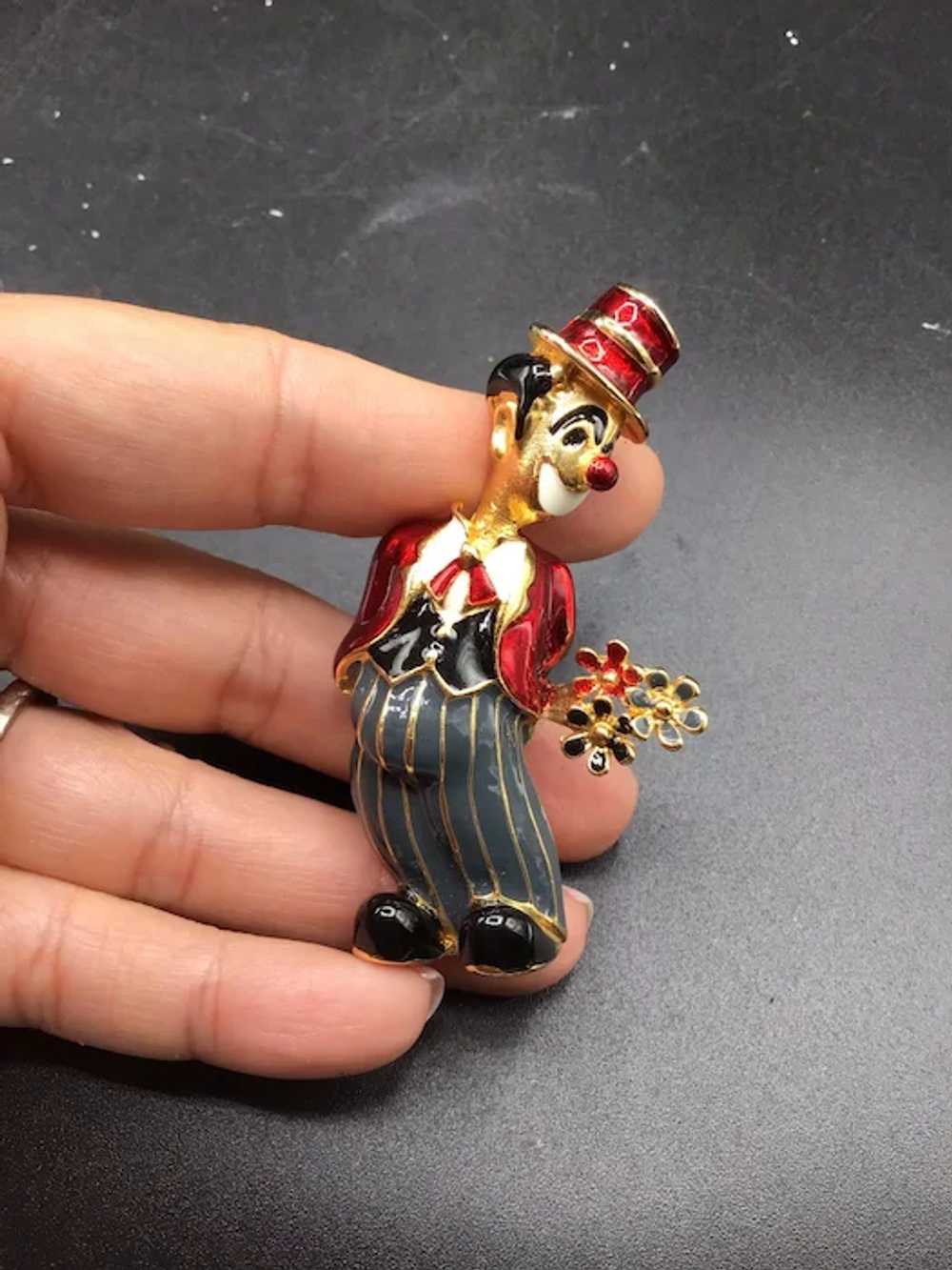 Clown with Flower Brooch Gold Tone & Colorful Ena… - image 3
