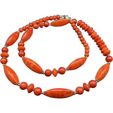 Genuine Apple Coral beaded necklace with Sterling… - image 1