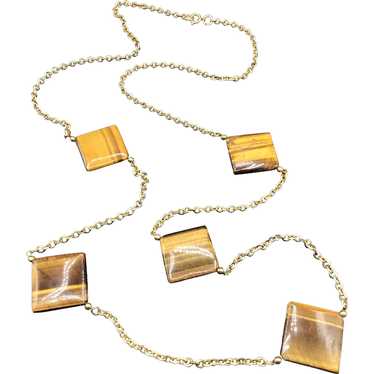 Vintage Tiger Eye and Gold Tone Necklace Long Sta… - image 1