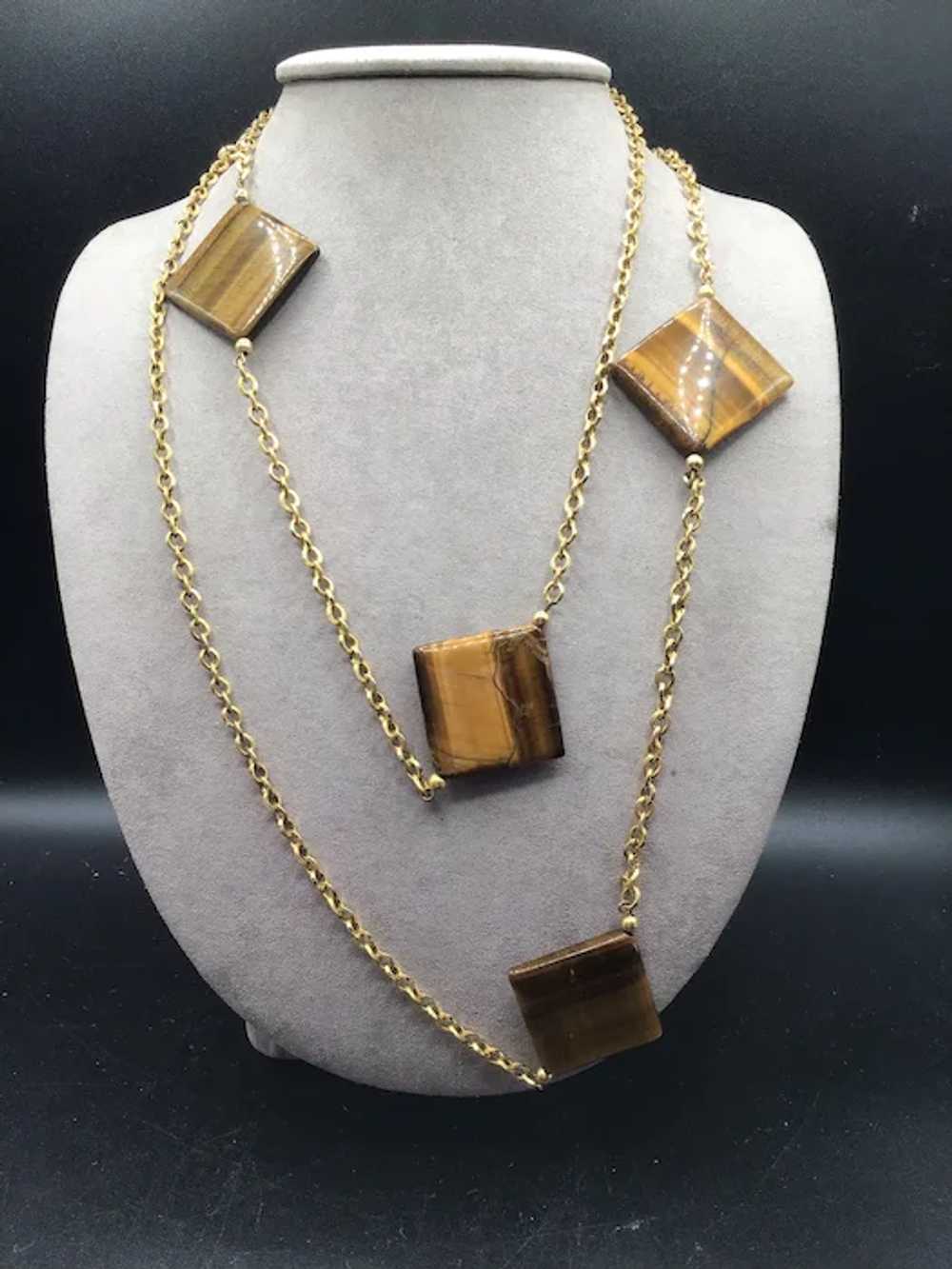 Vintage Tiger Eye and Gold Tone Necklace Long Sta… - image 3