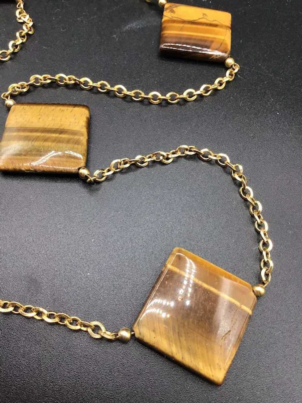 Vintage Tiger Eye and Gold Tone Necklace Long Sta… - image 4