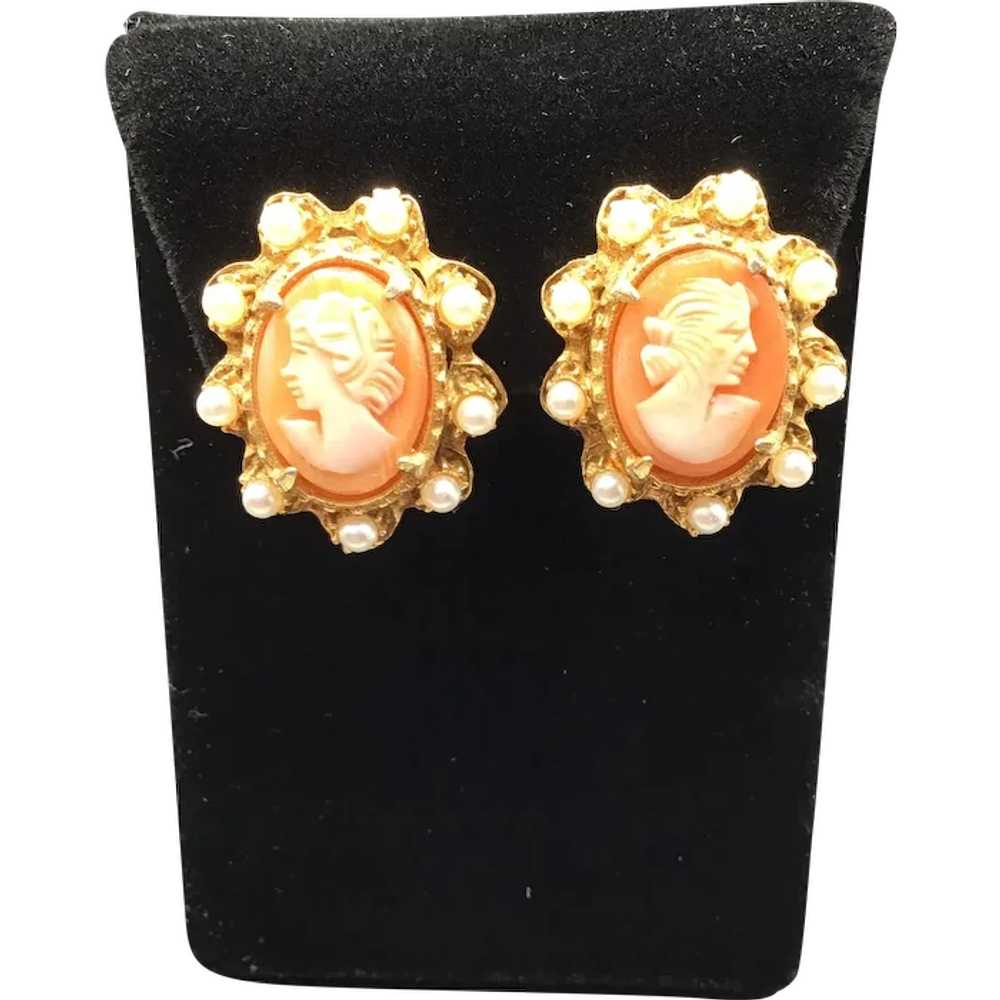 Genuine Cameo Clip On Earrings Carved Shell & Fau… - image 1