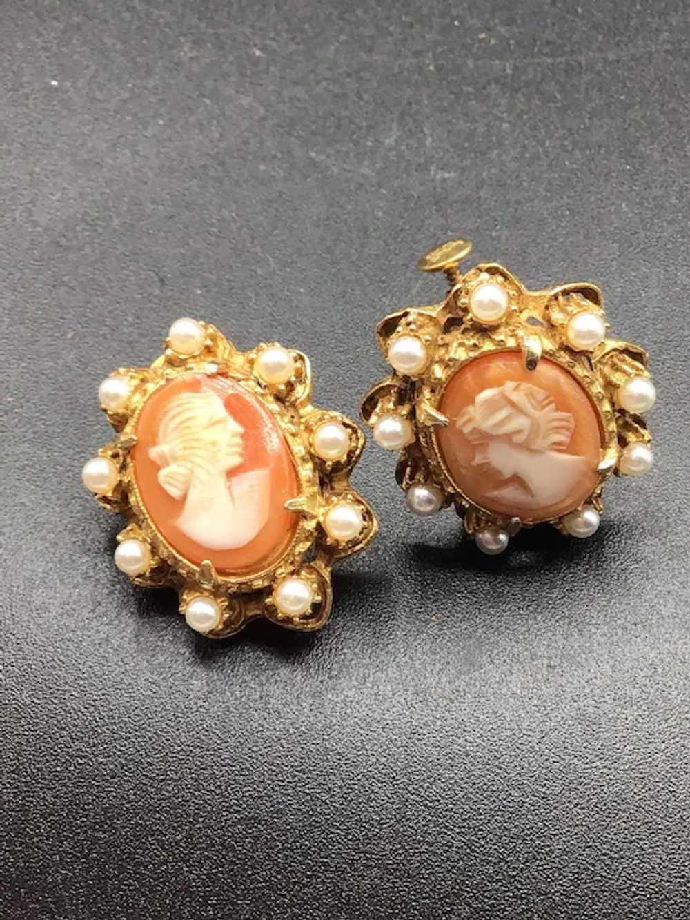 Genuine Cameo Clip On Earrings Carved Shell & Fau… - image 2