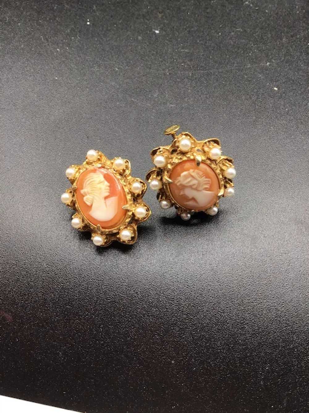 Genuine Cameo Clip On Earrings Carved Shell & Fau… - image 3