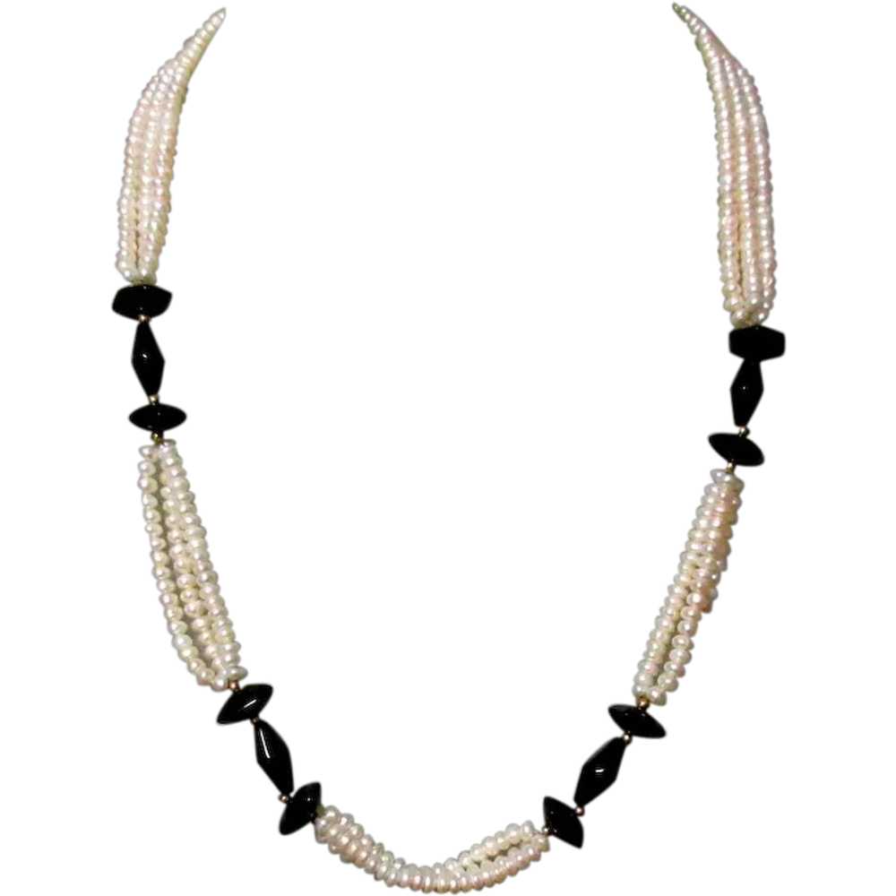 Pearl & Onyx Necklace, 14K clasp, Vintage - image 1