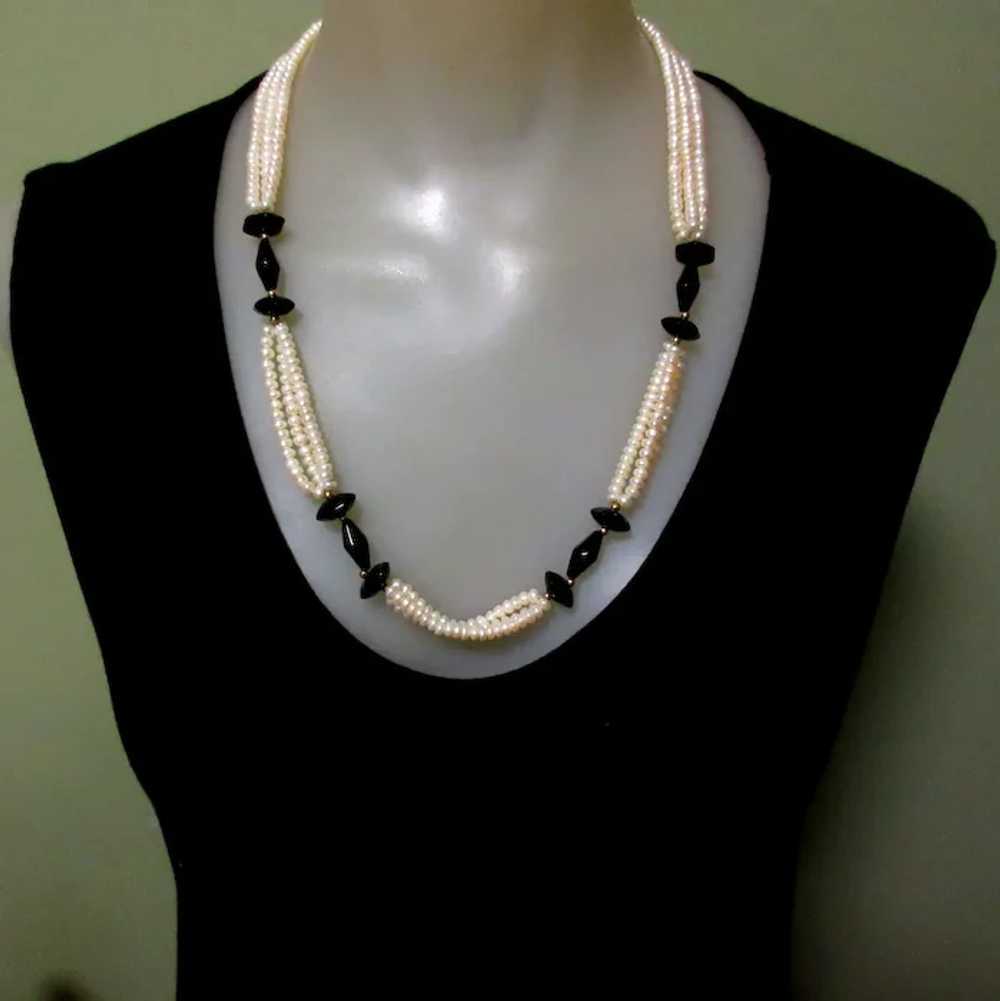 Pearl & Onyx Necklace, 14K clasp, Vintage - image 2