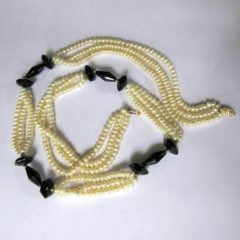 Pearl & Onyx Necklace, 14K clasp, Vintage - image 4