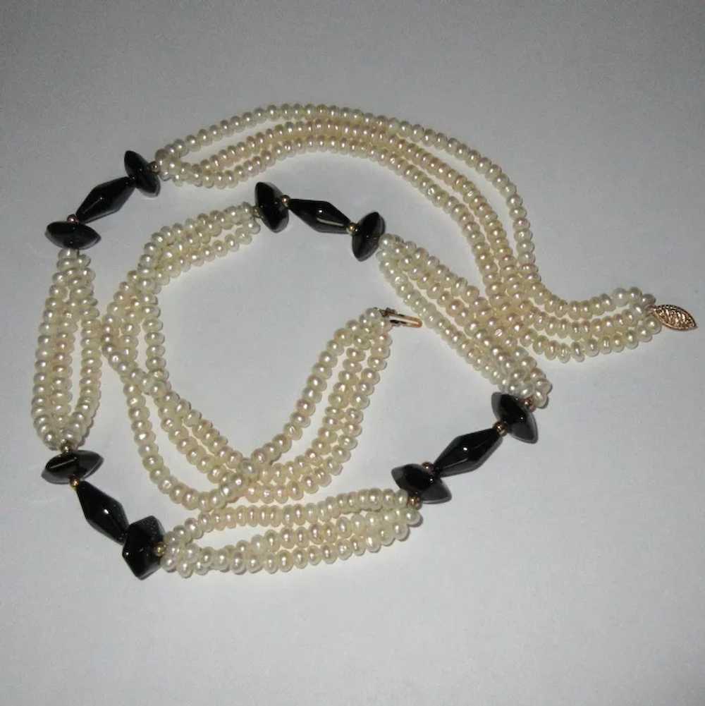 Pearl & Onyx Necklace, 14K clasp, Vintage - image 6