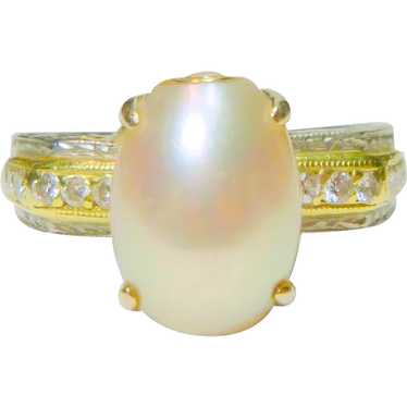 Vintage Cultured Pearl, Diamond, Platinum, 18k Ri… - image 1