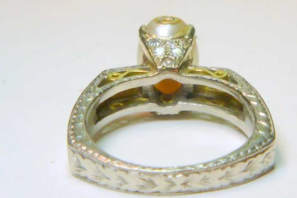 Vintage Cultured Pearl, Diamond, Platinum, 18k Ri… - image 2