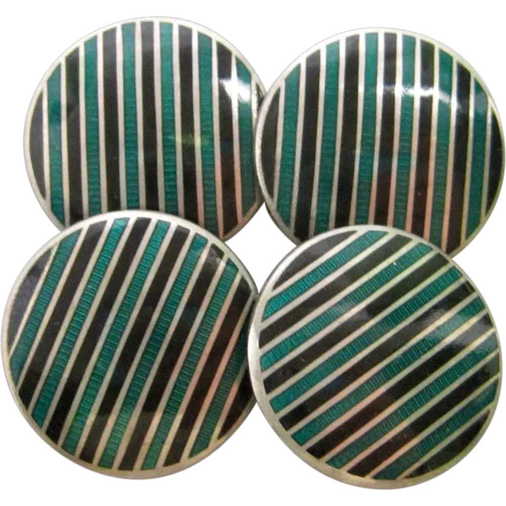 Sterling Silver Green and Black Enamel Cufflinks - image 1