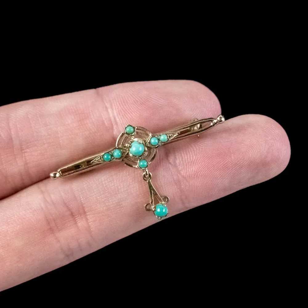 Vintage Turquoise Bar Brooch 9ct Gold With Box - image 10