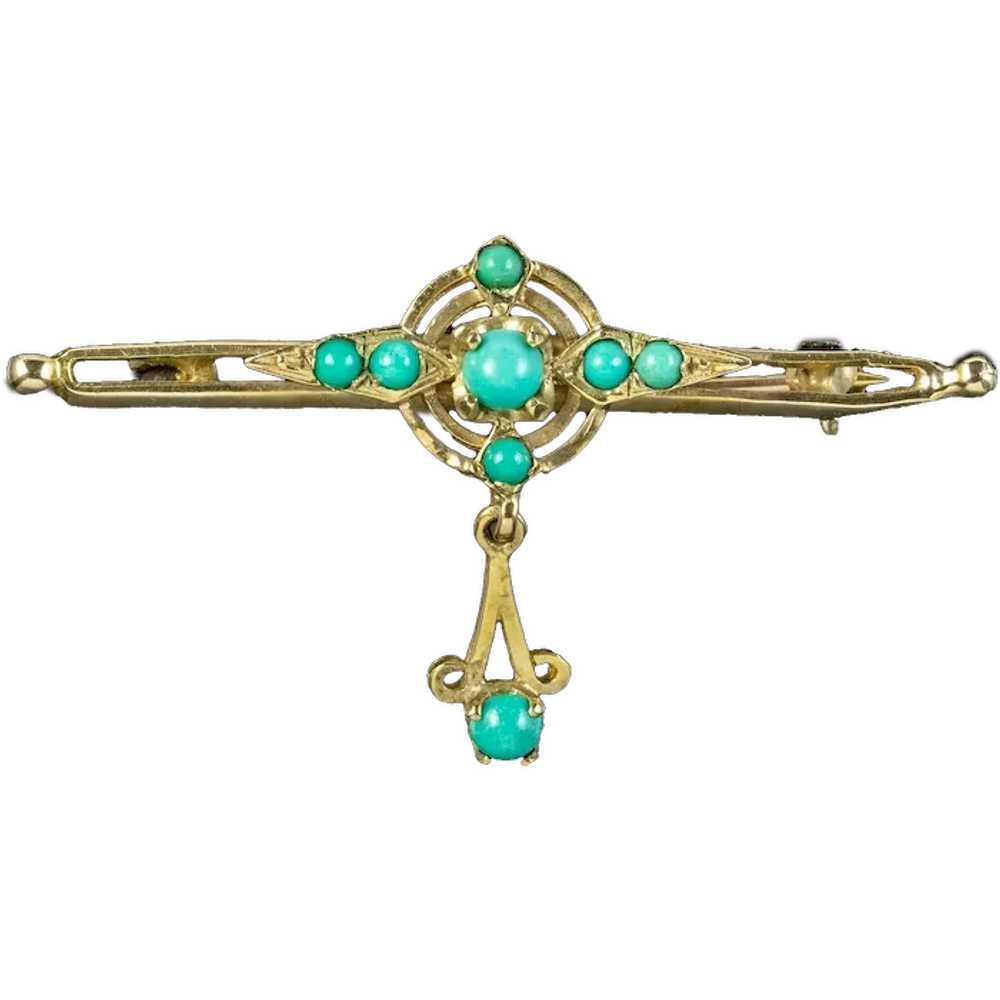 Vintage Turquoise Bar Brooch 9ct Gold With Box - image 1