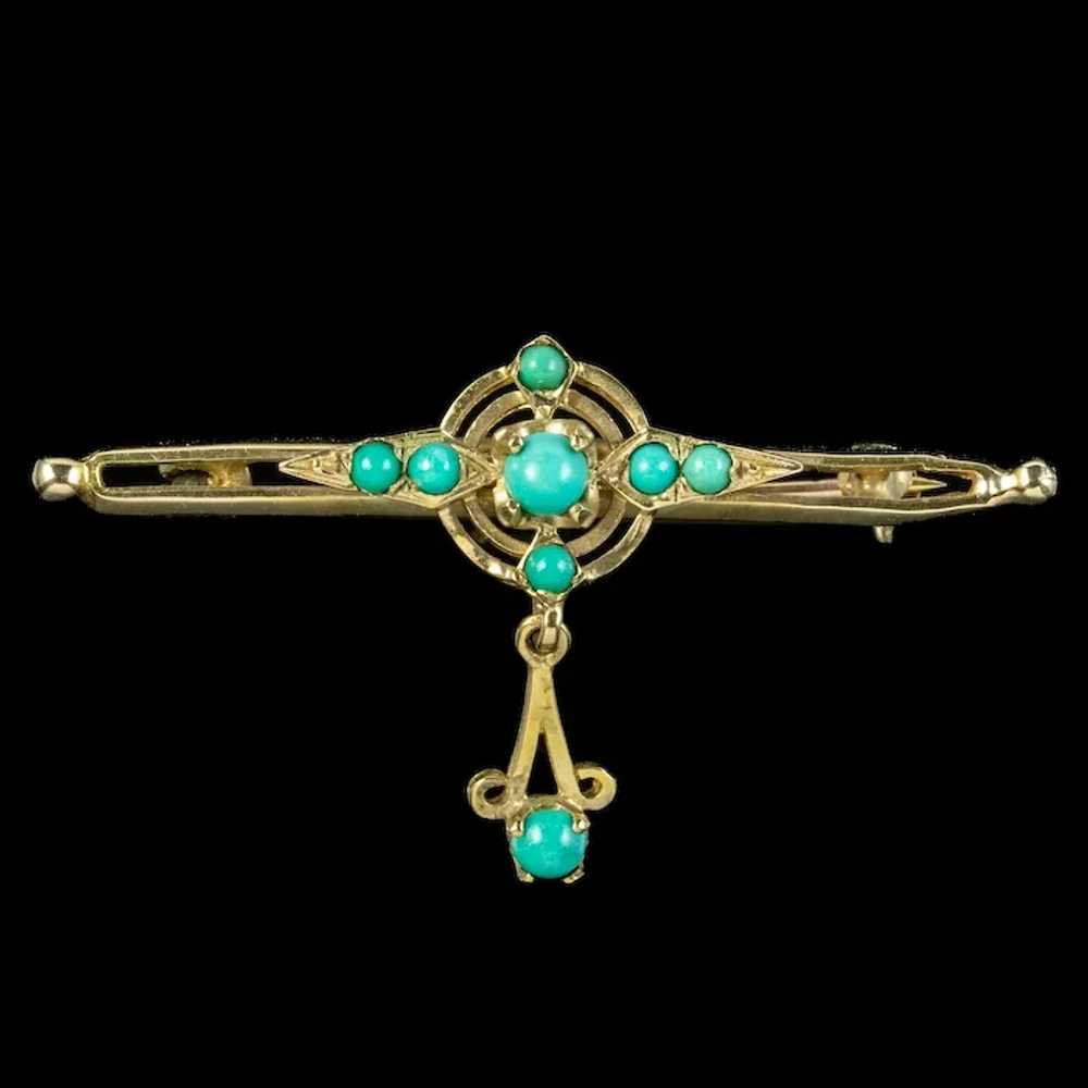 Vintage Turquoise Bar Brooch 9ct Gold With Box - image 2