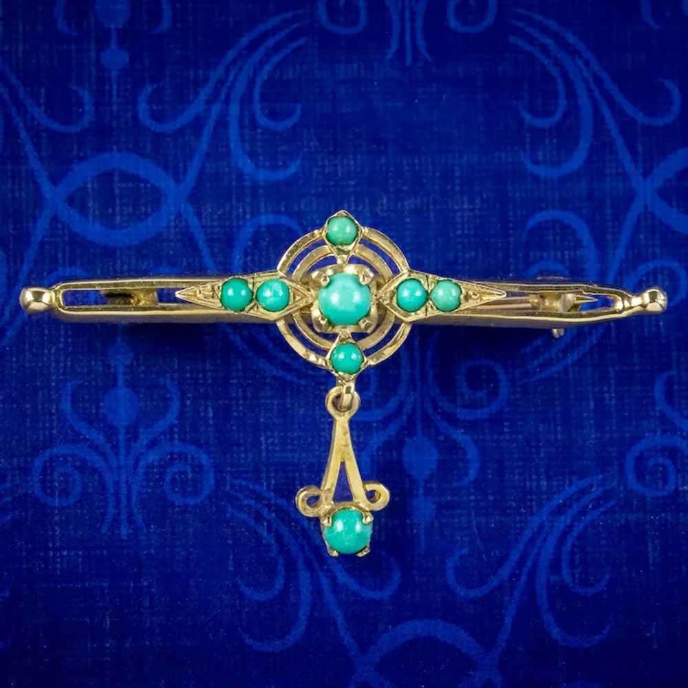 Vintage Turquoise Bar Brooch 9ct Gold With Box - image 3