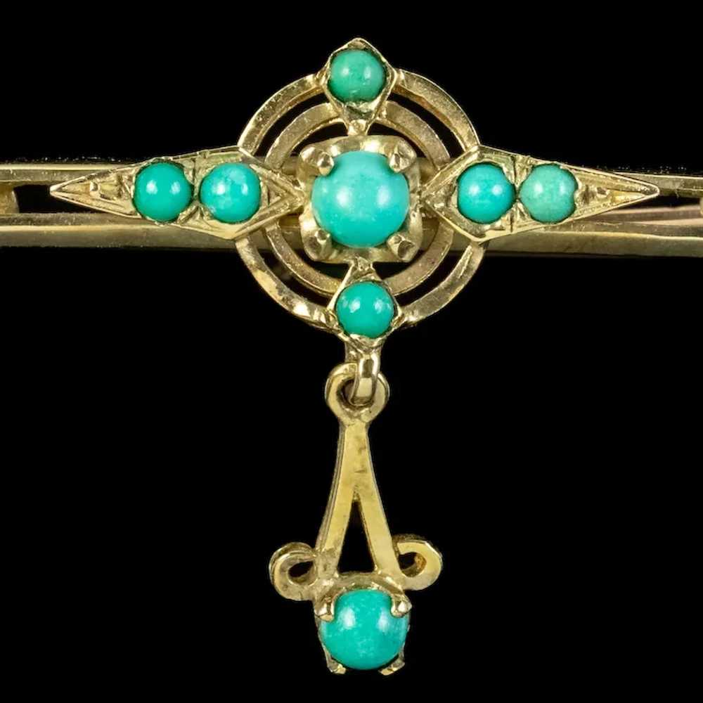 Vintage Turquoise Bar Brooch 9ct Gold With Box - image 4