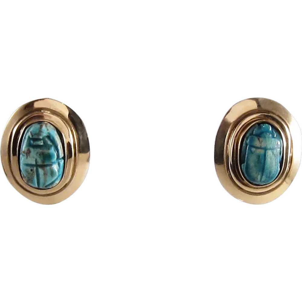 Antique Egyptian Faience Scarab Earrings in Handw… - image 1