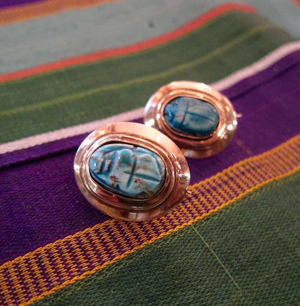 Antique Egyptian Faience Scarab Earrings in Handw… - image 5