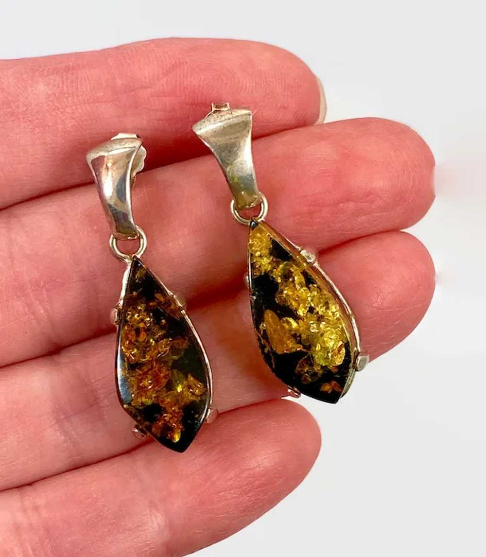 Green Amber Earrings, Sterling Silver, Vintage Ea… - image 2