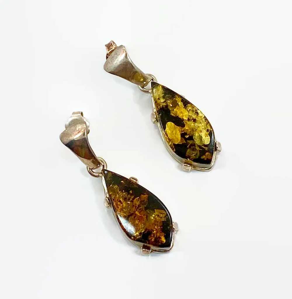 Green Amber Earrings, Sterling Silver, Vintage Ea… - image 4