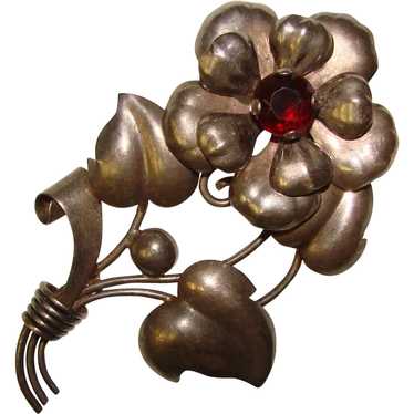 Fabulous STERLING & Red Glass Stone Vintage Flowe… - image 1