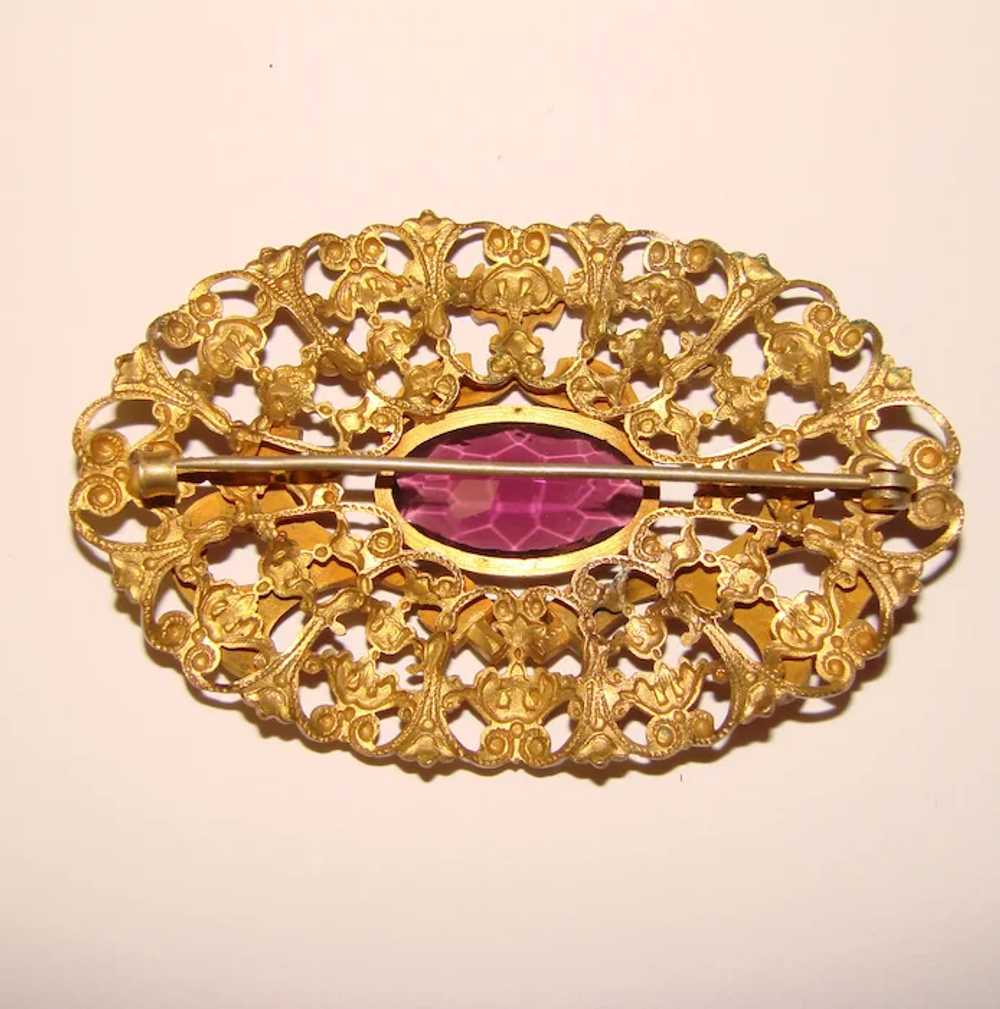 Fabulous Antique Purple Glass Ornate Sash Pin Bro… - image 2