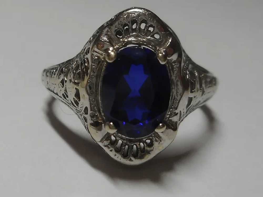 Ring Art Deco Style 10kt Ladies Size 7 CZ Blue St… - image 6