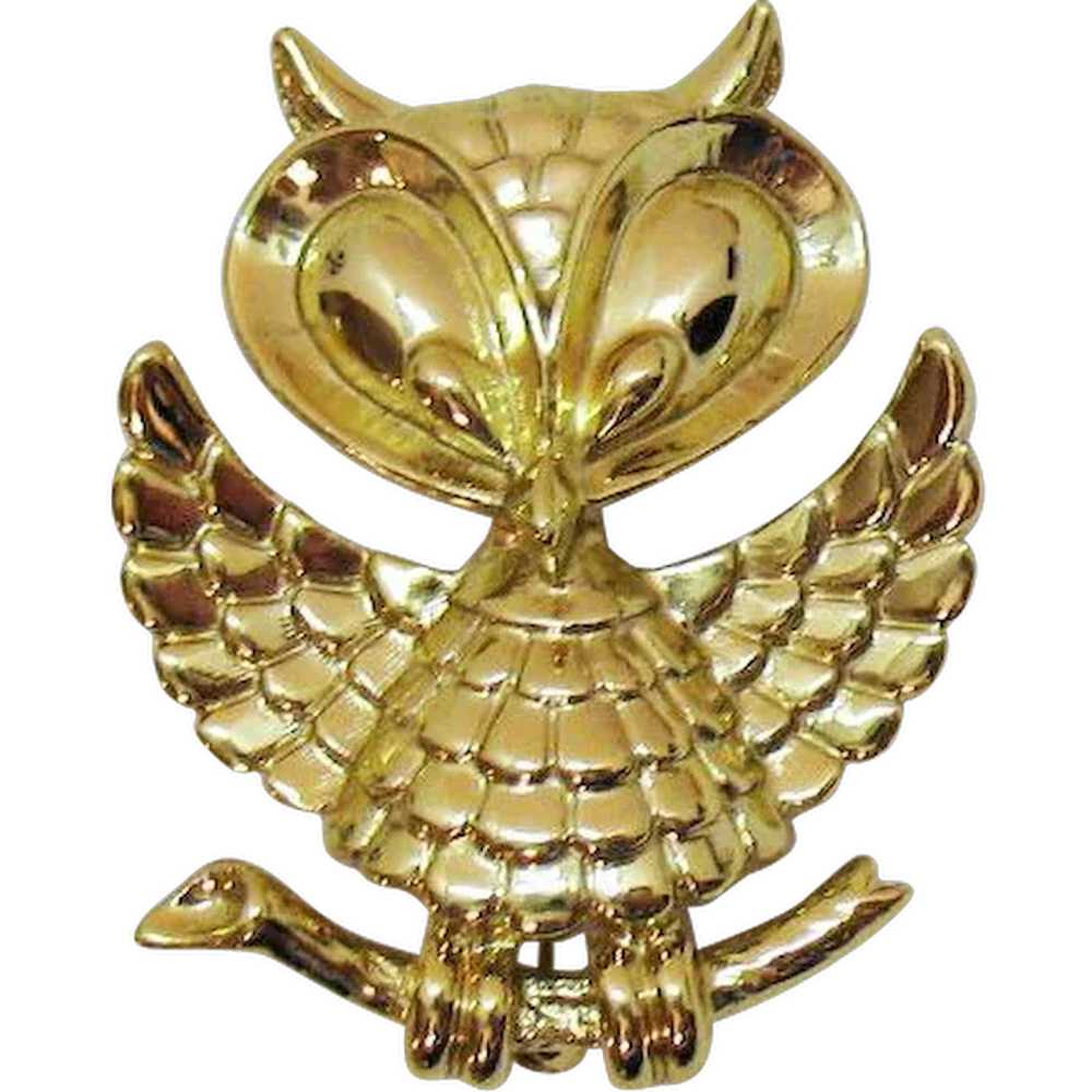 Adorably Figural Vintage Signed AJC Golden Owl Br… - image 1