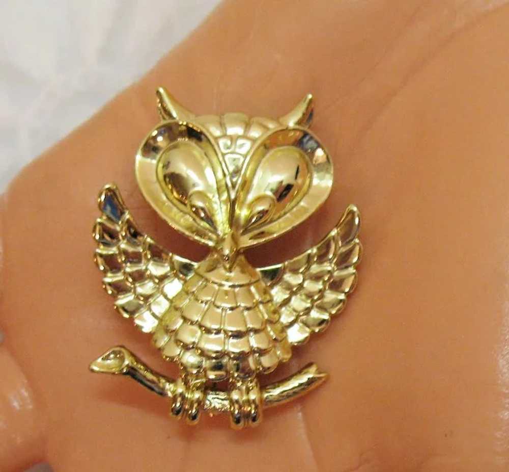 Adorably Figural Vintage Signed AJC Golden Owl Br… - image 2