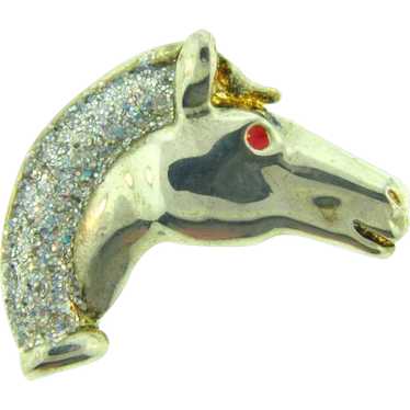 Vintage horse head silver tone Brooch with gold t… - image 1