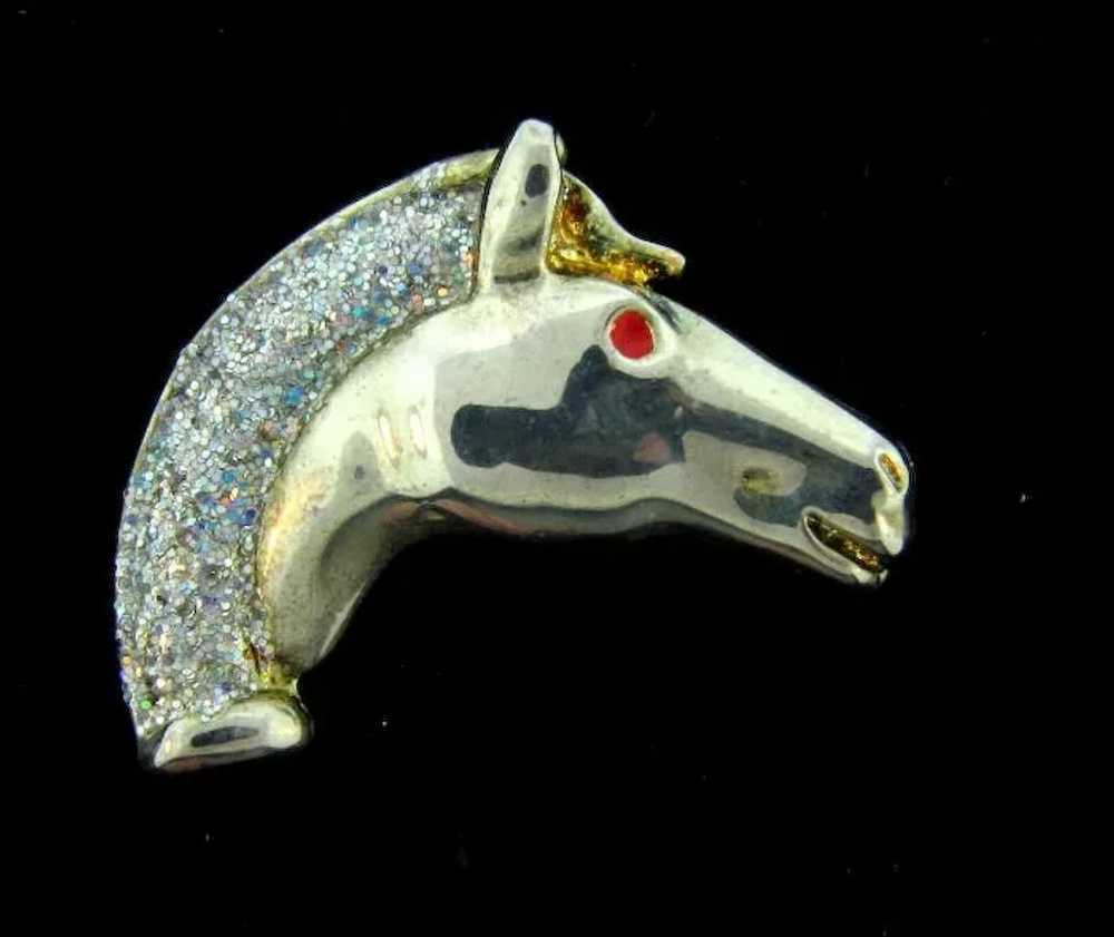 Vintage horse head silver tone Brooch with gold t… - image 2