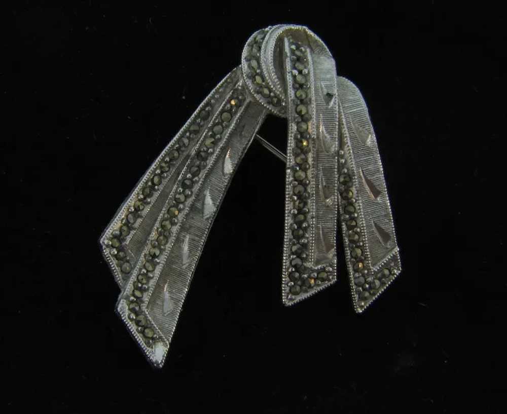 Signed Sphinx  brushed silver tone ribbon Brooch … - image 2