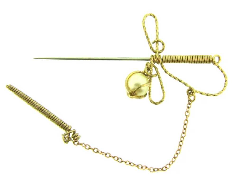 Vintage gold tone wire sword Stick Pin with faux … - image 2