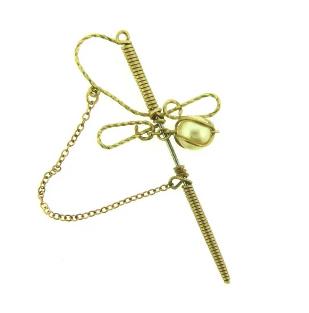 Vintage gold tone wire sword Stick Pin with faux … - image 3