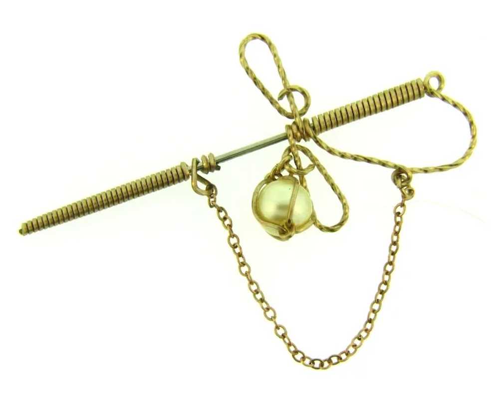 Vintage gold tone wire sword Stick Pin with faux … - image 5