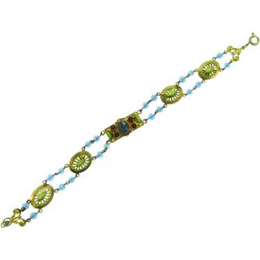 Vintage beaded link Bracelet with blue beads, pin… - image 1