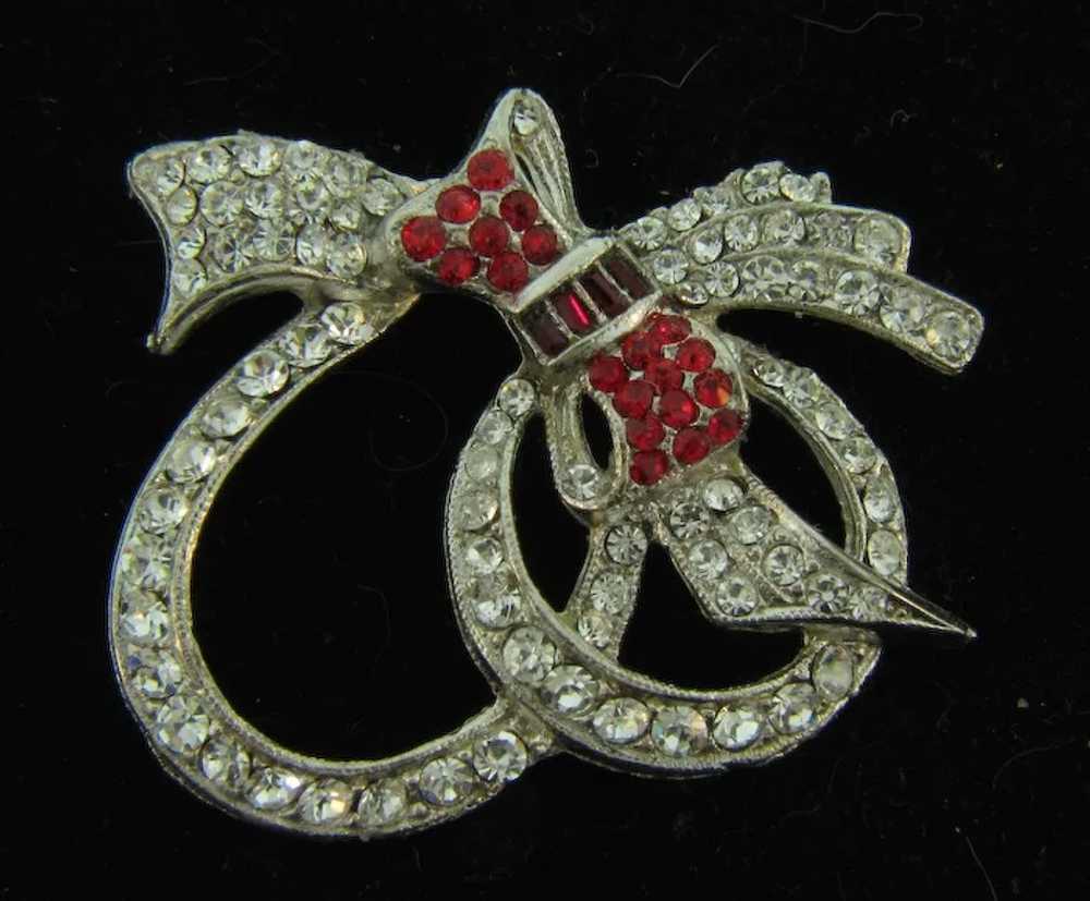 Vintage silver tone ribbon and bow Brooch with cr… - image 2