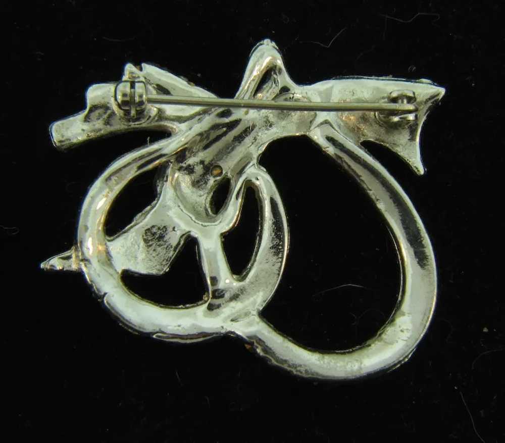 Vintage silver tone ribbon and bow Brooch with cr… - image 3