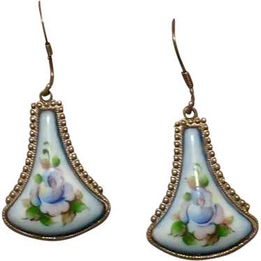 Silver Tone Enameled Flower Dangle Earrings