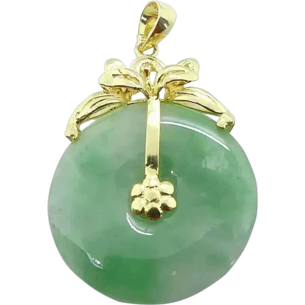 Floral Bi-Disk Jade Pendant 14K Yellow Gold - image 1