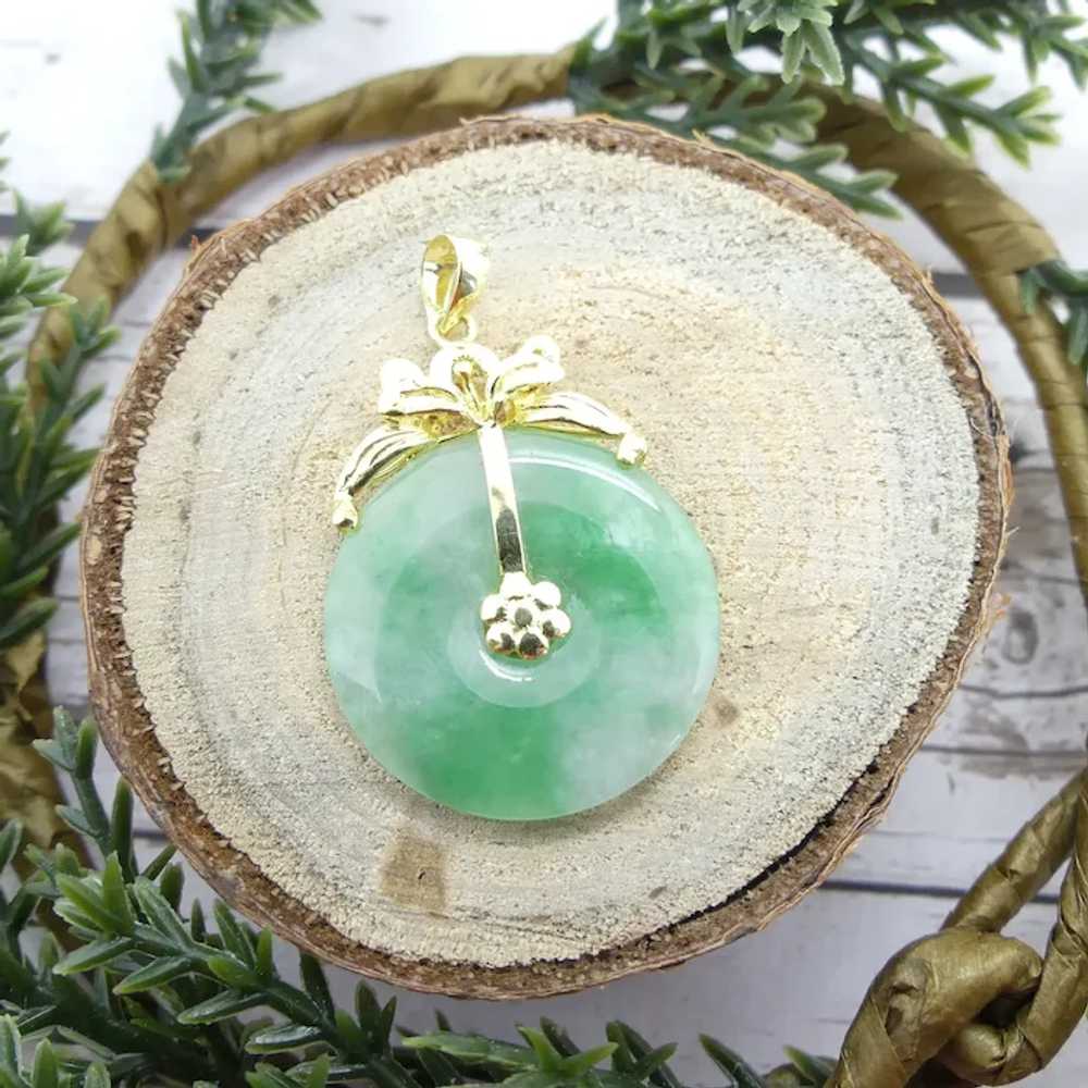 Floral Bi-Disk Jade Pendant 14K Yellow Gold - image 5