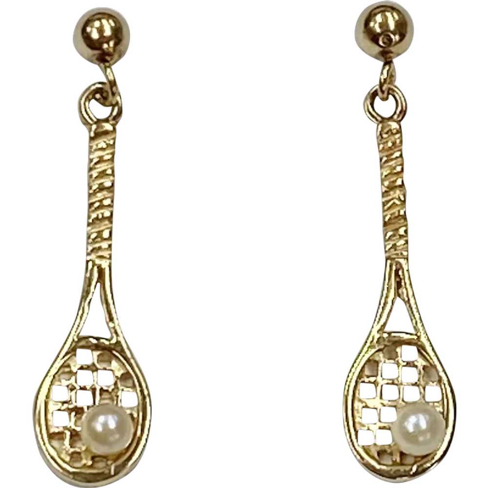Tennis Racket Vintage Dangle Earrings Cultured Pe… - image 1