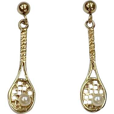 Tennis Racket Vintage Dangle Earrings Cultured Pe… - image 1