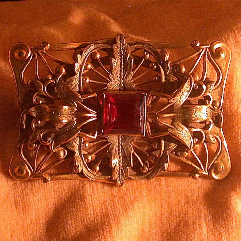 Antique Lady's Pin, Cast Metal With Square Red Gl… - image 2