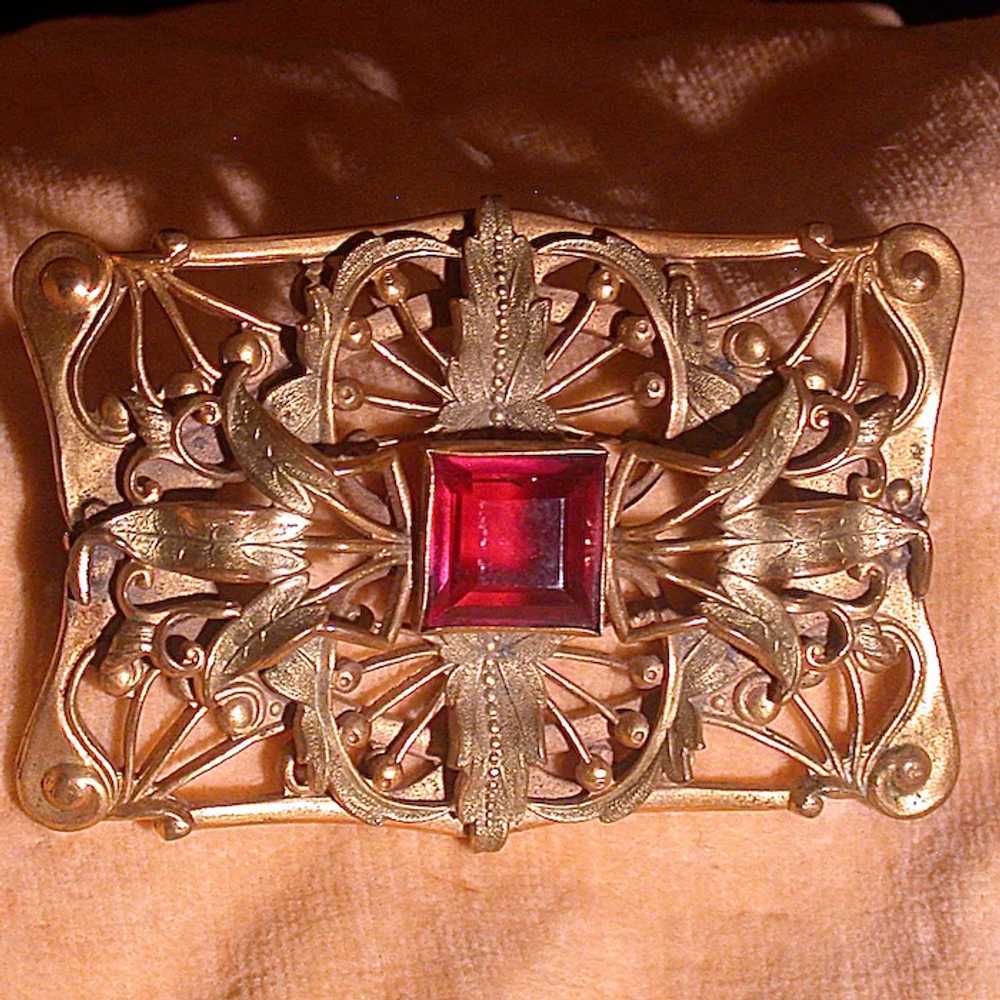 Antique Lady's Pin, Cast Metal With Square Red Gl… - image 3