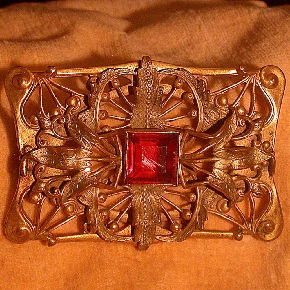 Antique Lady's Pin, Cast Metal With Square Red Gl… - image 4