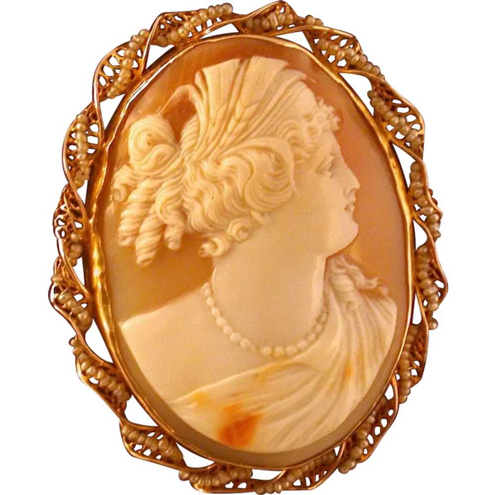 Antique Shell Cameo of Ceres, 10K Gold and Seed P… - image 1