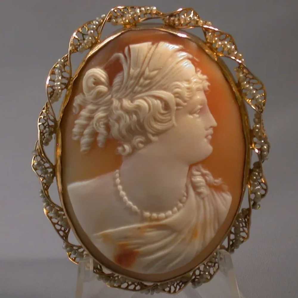 Antique Shell Cameo of Ceres, 10K Gold and Seed P… - image 2