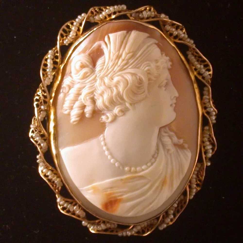 Antique Shell Cameo of Ceres, 10K Gold and Seed P… - image 3