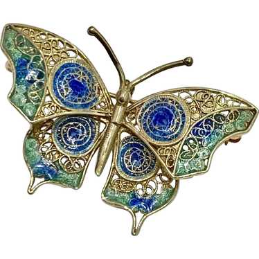 Butterfly Vintage Brooch 14K Gold Filigree Colorf… - image 1